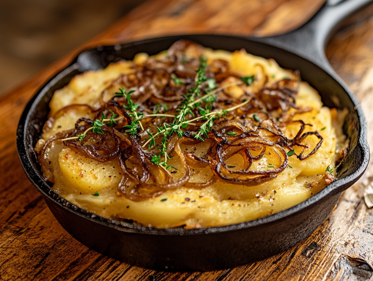 Smothered potatoes with onions in a skillet