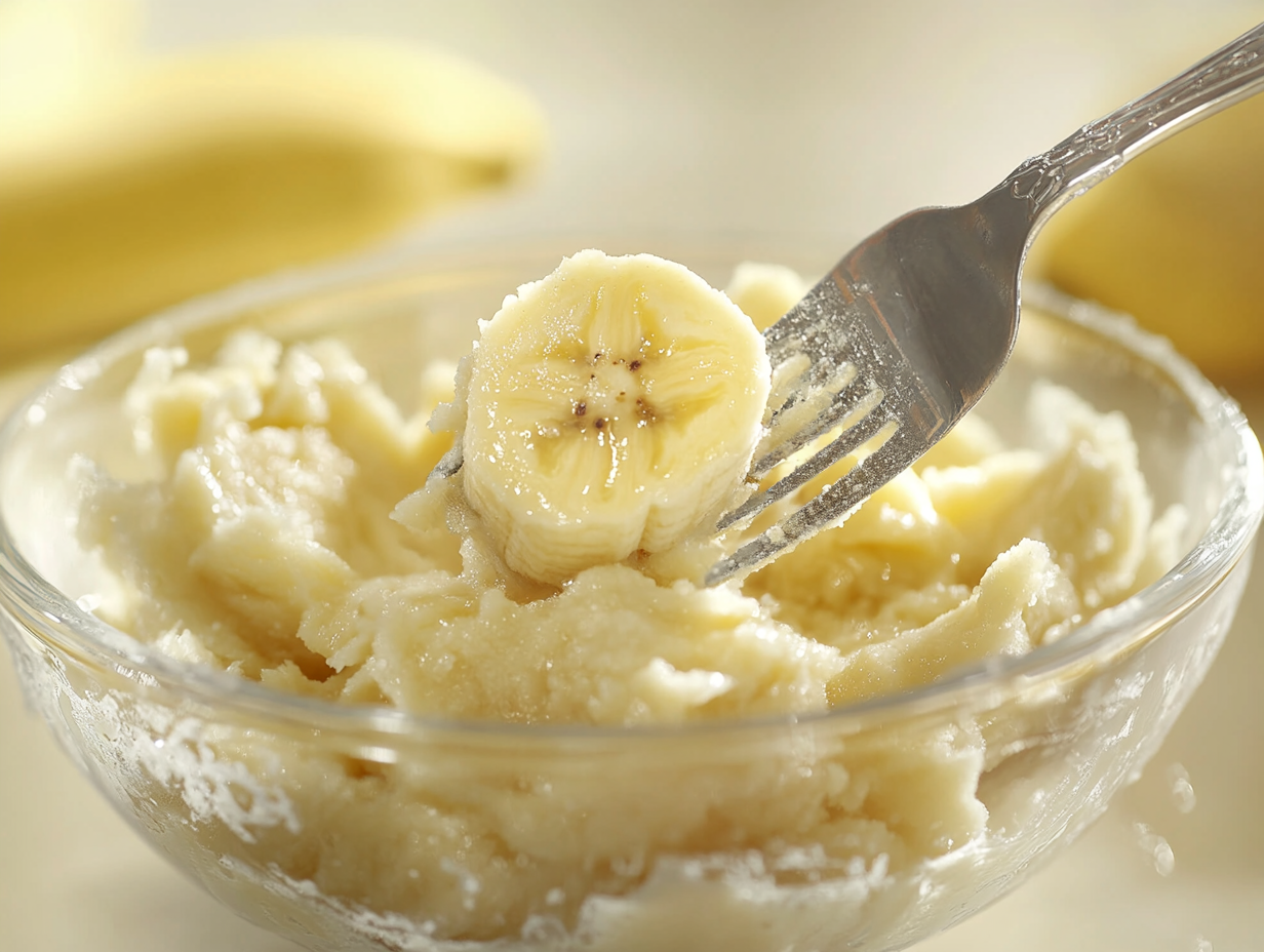 Peeled and mashed bananas in a bowl with a fork.