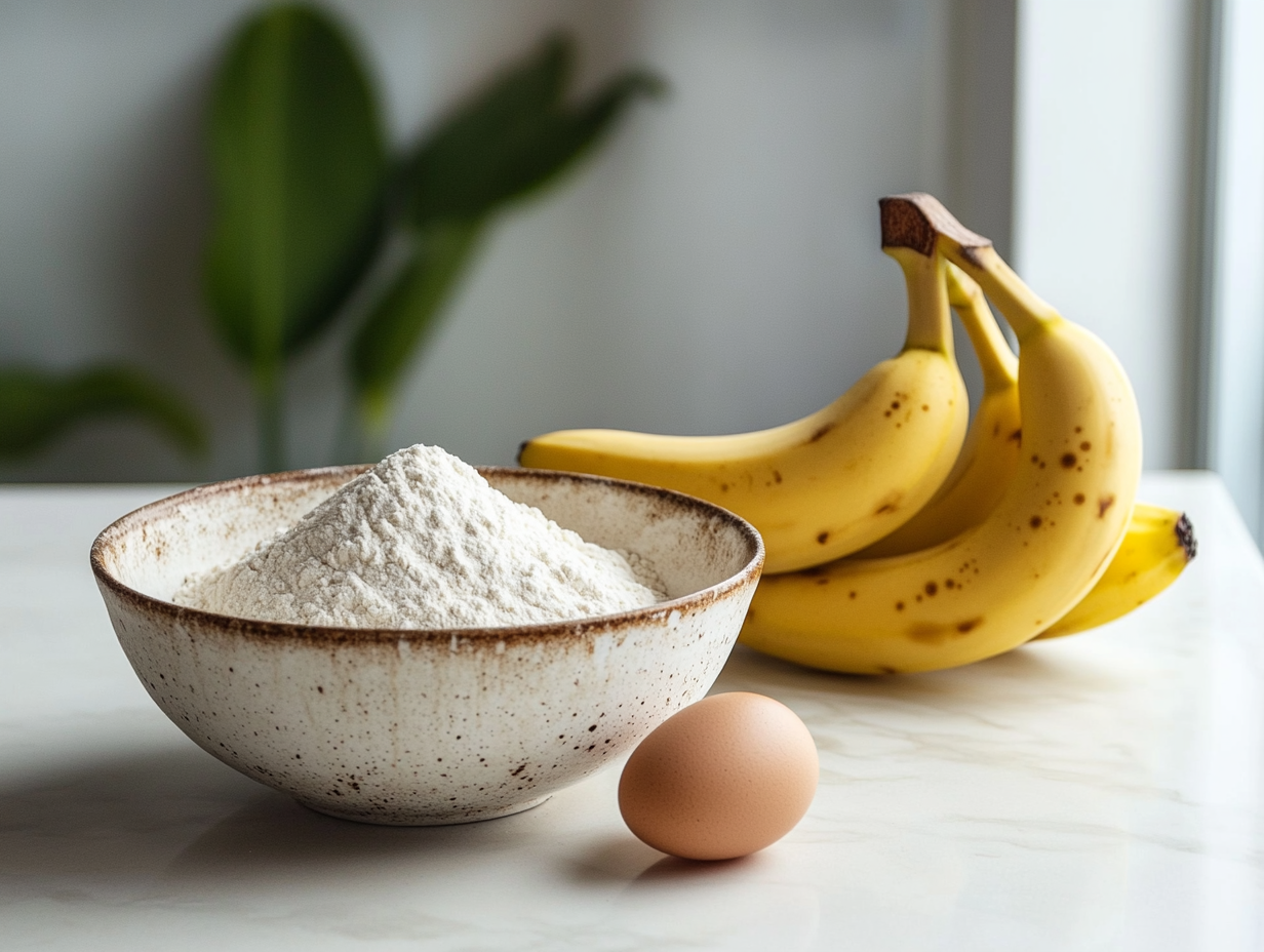 Ingredients for 3 ingredient banana bread: bananas, eggs, and flour