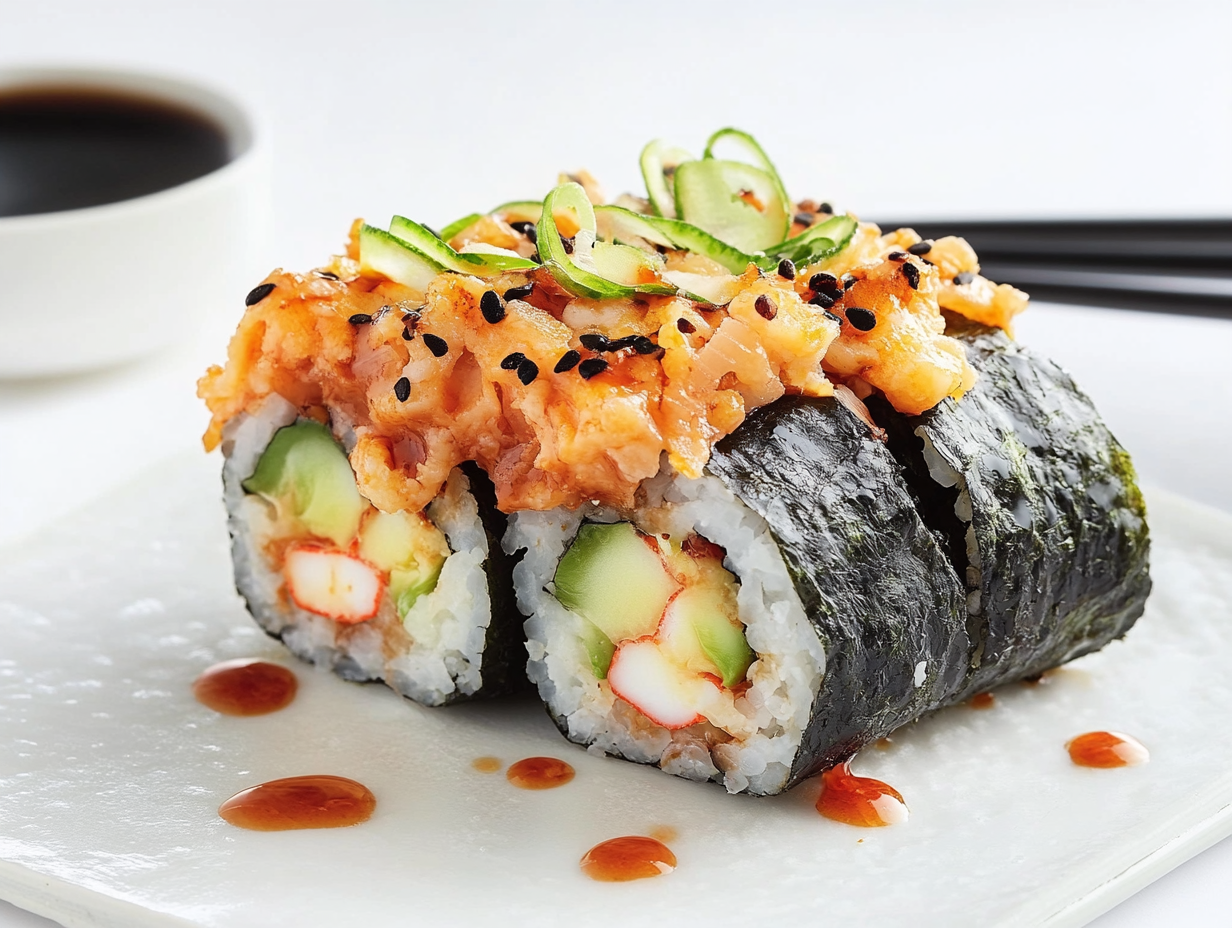 Volcano Roll Sushi on a plate with garnishes